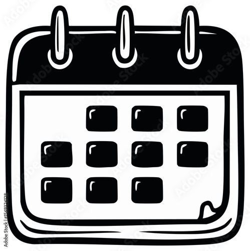 Simple Black and White Calendar Icon with Rounded Corners, Rings, and Nine Cells, Vector Illustration