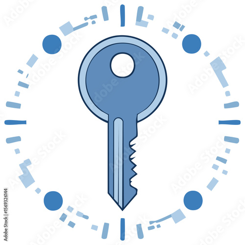 Abstract Key Illustration with Pixelated Circular Frame in Blue Tones, Digital Security Concept