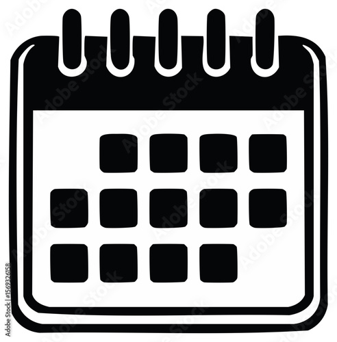 Minimalistic calendar icon featuring a white grid with black squares symbolizing dates and events for schedule management.