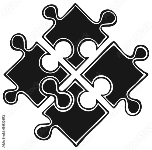 Stylized black and white jigsaw puzzle pieces forming a flower shape isolated on a dark backdrop. Connectivity and solution concept.