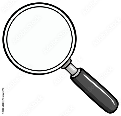 Magnifying glass vector icon with dark handle and black outline isolated on transparent background