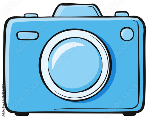 Stylized Light Blue Camera Illustration with Bold Black Outline and Transparent Lens for Creative Projects