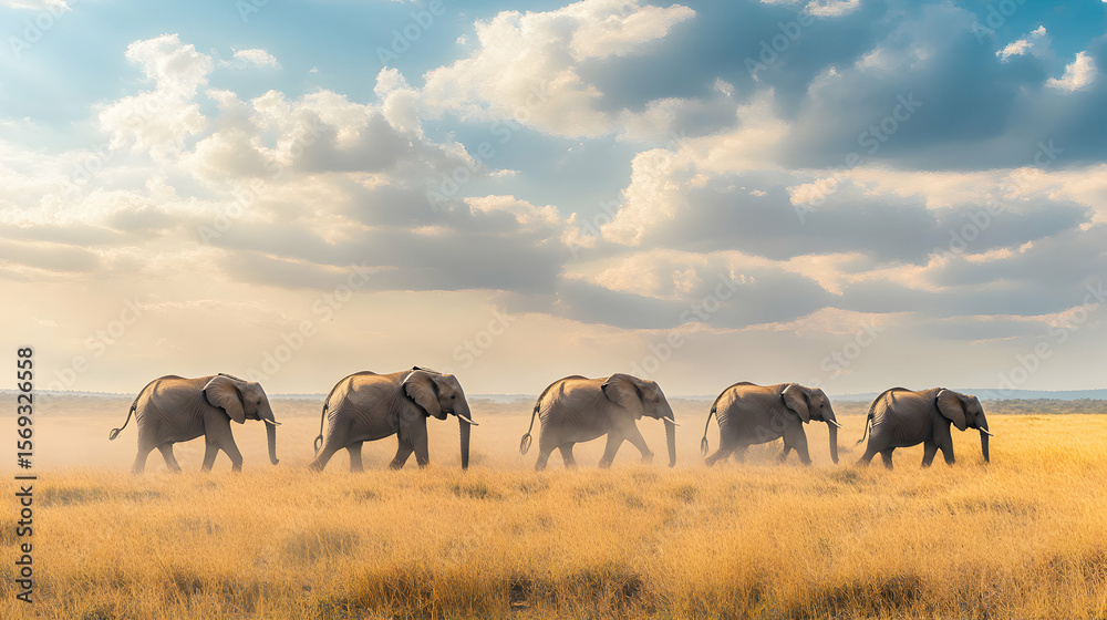 Naklejka premium Elephants Herd Walking Savannah Grassland Tanzania Safari Wildlife Animals Landscape Under Sky