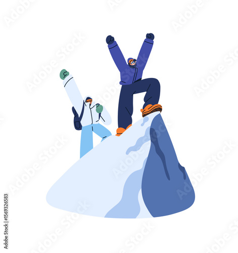 Happy hiking tourists rejoice at climbing on top of snow mountain. People with hands up are at peak of rock celebrate success, mountaineering achievement. Flat isolated vector illustration on white