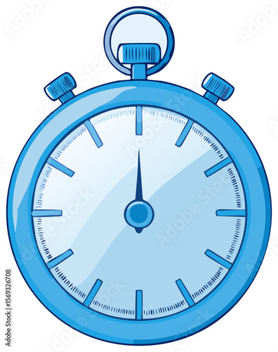 Cartoon stopwatch in light blue with white face and black pointer, illustration of time management tool with transparent background
