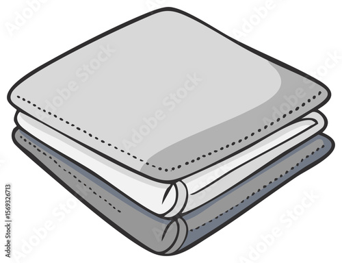 Neatly stacked towels in folded pile, minimalist cartoon illustration of gray bathroom linens, spa and hotel supplies