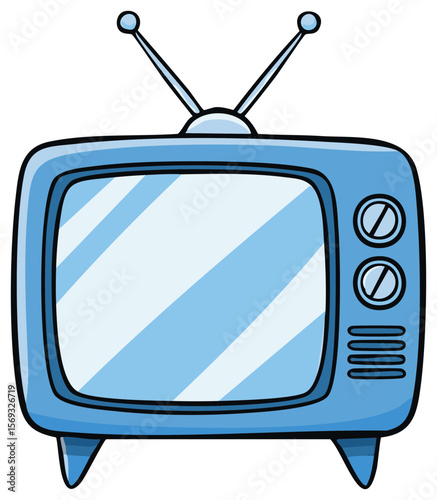 Cartoon Illustration of an Old Blue Television Set with Antenna and Controls, Isolated Against a Black Background