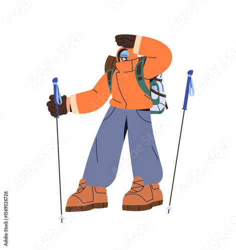 Alpinist with trekking poles climbing on top of snow mountain. Climber in outerwear is mountaineering in winter. Hiker travels in nature, hiking on rocks. Flat isolated vector illustration on white