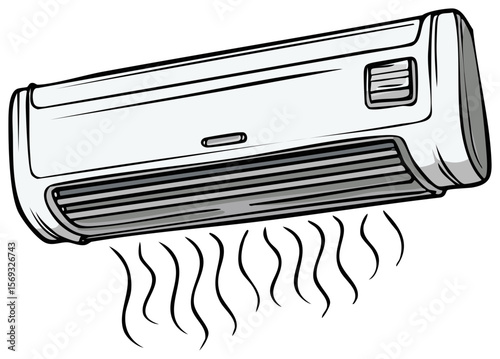 Cartoon illustration of a modern white air conditioner with cold air waves on transparent background, vector.