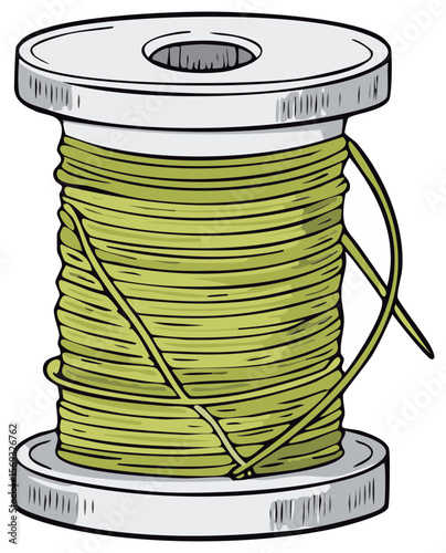 Illustration of a spool of olive green thread, sewing and craft design element, white spool isolated on a transparent background