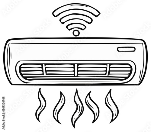 Hand-drawn illustration of a smart air conditioner unit with wifi symbol and cool air flow, white on black background.