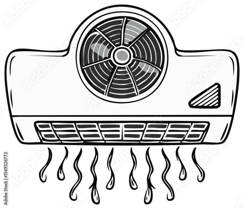 Hand-drawn air conditioner illustration with dripping water, vector, white and black, isolated background, indoor cooling system