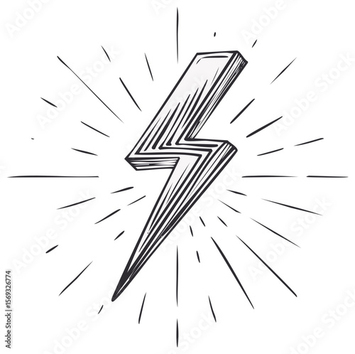 Hand-drawn lightning bolt with radiating lines on a black background, energy symbol with textured shading for a vintage or retro design.