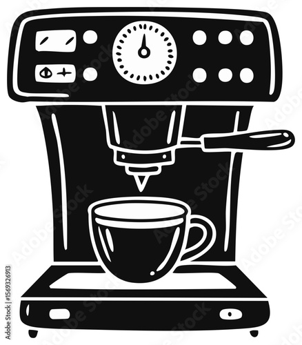 Stylized monochrome illustration of a coffee maker with a full cup ready to serve, perfect for cafe menus and minimalist designs