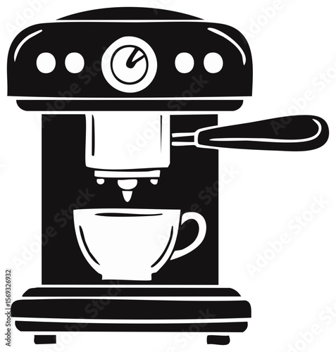Stylized espresso machine with brewing cup. Simple black and white illustration with transparent background for cafe and breakfast concepts.