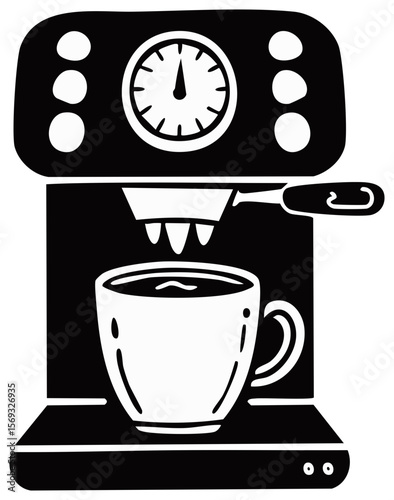 Espresso Machine Dispensing Coffee into a Cup in Simple Black and White Silhouette Style Illustration