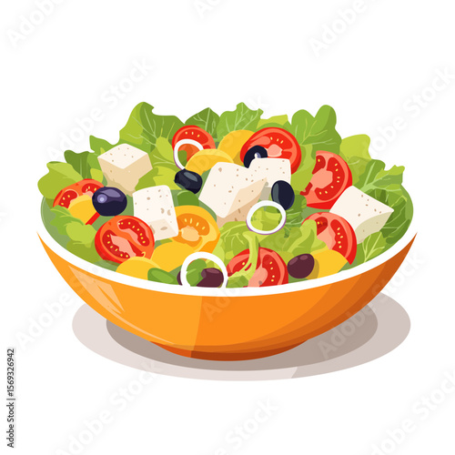 Greek Salad SVG Illustration: Fresh Vegetables, Feta Cheese, and Olives in a Bowl