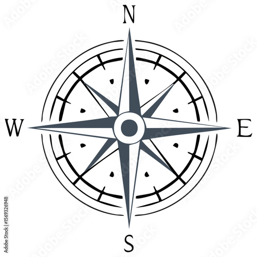 Vector Compass Rose Illustration with North, South, East and West Labels for Map, Navigation, Travel, or Design Purposes
