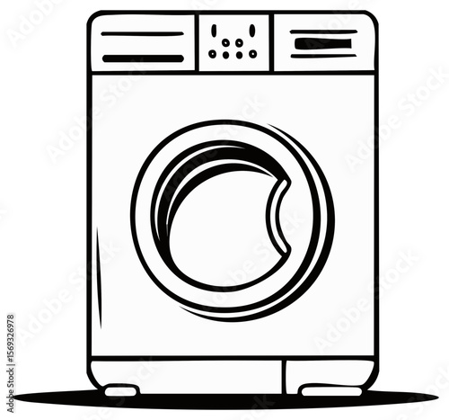 Line Art Illustration of a Front-Loading Washing Machine with Control Panel, Ideal for Laundry Room Iconography and Infographics