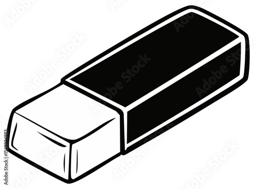 Stylized Illustration of a Black and White Eraser with Outline on a Transparent Background