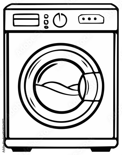 Washing machine illustration in black and white with a front load, showing water inside the machine on a transparent background.
