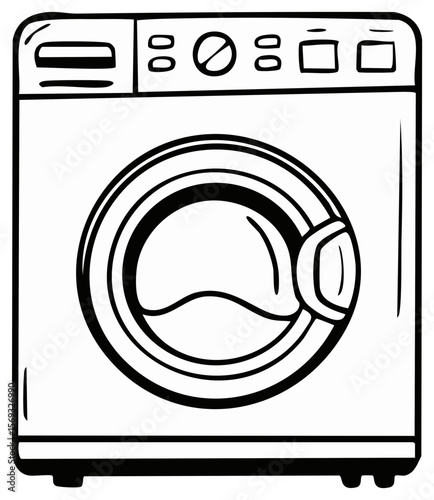 Stylized line drawing of a front load washing machine, laundry appliance illustration on transparent background.