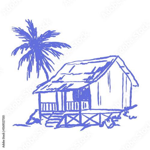 Tropical hut sketch with palm tree in rough line style. Chalk blue exotic island hut for beach travel graphics, vacation posters. Hand drawn vector Hawaii illustration.