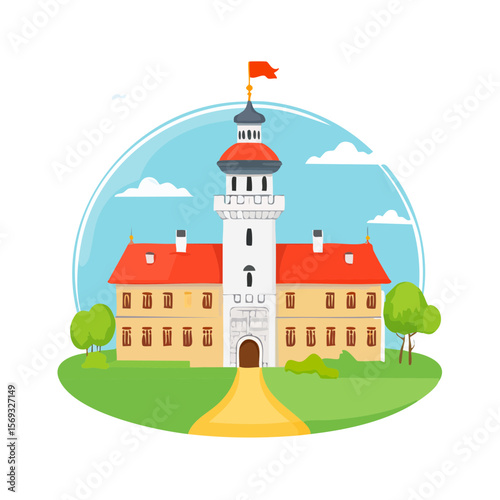 Cartoon castle with tower and landscape