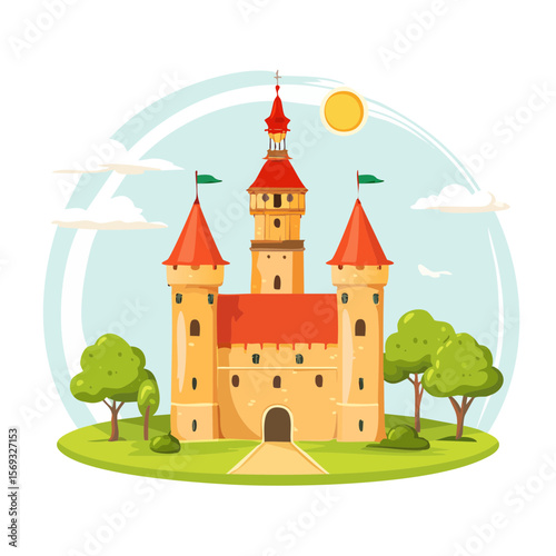 Cartoon Castle on a Hill, Sunny Day and Trees
