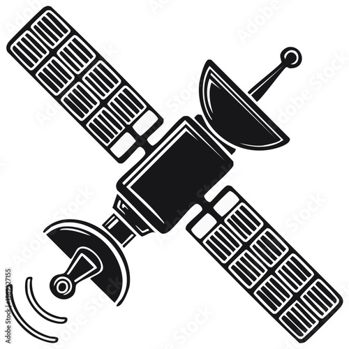 Stylized black and white satellite illustration with solar panels and antenna on a transparent background.