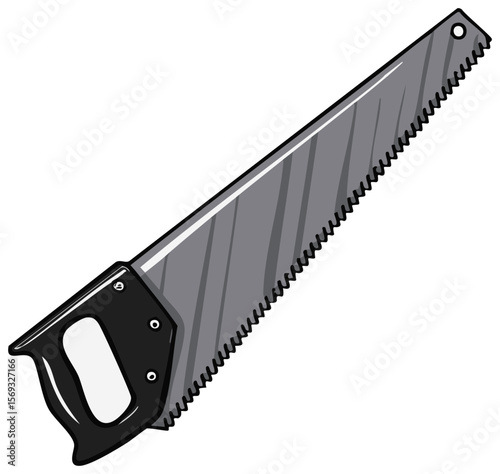Cartoon Illustration of a Handsaw Tool with a Black Handle and Silver Blade Against a Transparent Background for DIY Projects.