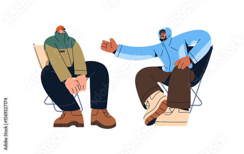 Tourists sit on chairs, talk near campfire in winter hiking. Hikers relax in camping, communicate together. People in outerwear stop in travel. Flat isolated vector illustration on white background