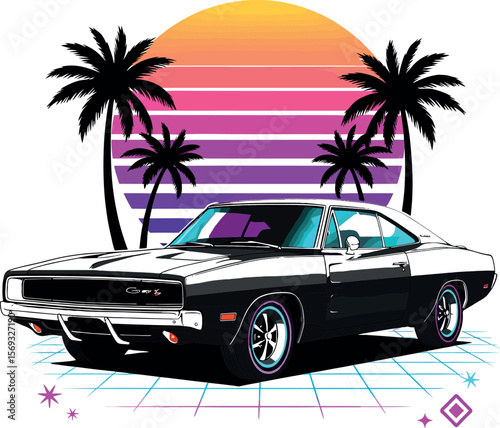Classic Muscle Car on a Retro 80s Synthwave Background with Palm Trees and Sunset.