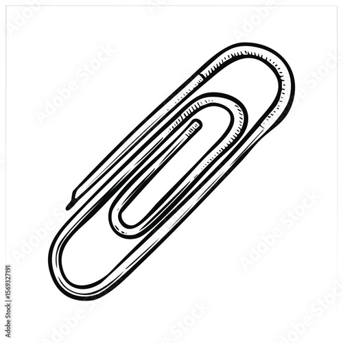 Hand-drawn style illustration of white paper clip isolated on black background, perfect for designs and projects.