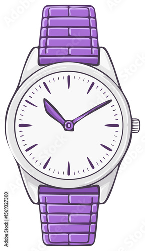 Stylish cartoon wristwatch illustration with a white face, purple hands, and a unique brick-patterned wristband on transparent background.