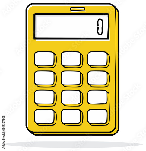 Whimsical Yellow Calculator with Cartoon Outline, Featuring Zero Displayed on Screen, with Shadow and White Buttons