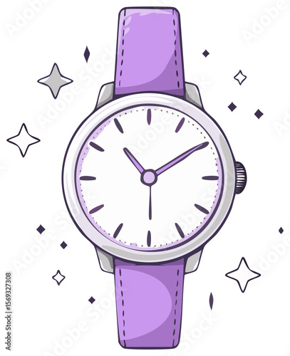 Stylish cartoon wristwatch with lavender strap and star details on a transparent background, perfect for design elements.