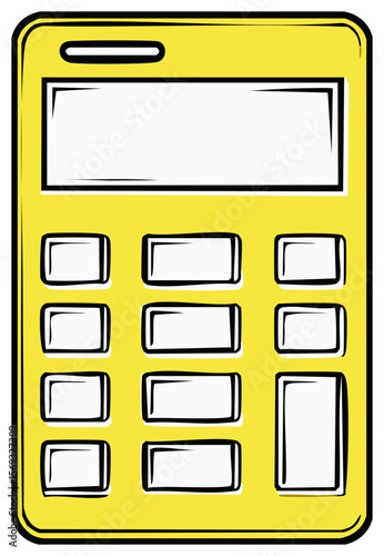 Cartoon yellow calculator with blank buttons and display, for basic accounting calculations and financial math with line art