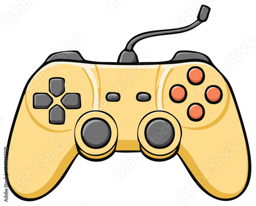 Stylized Yellow Gamepad Illustration Featuring Buttons, Joysticks, and a Cable for Engaging Gaming Experiences on Black Background