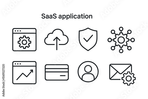 Saas application icons depicting cloud, shield, graph, card, and user interface elements. Vector illustration in modern thin line style – stock vector
