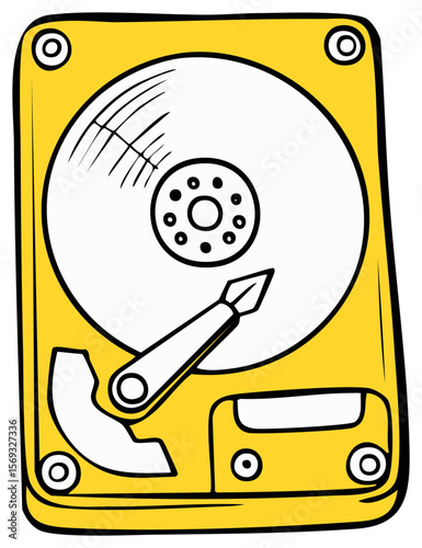 Stylized Yellow Hard Drive Disk Vector Illustration, Data Storage Technology and Computer Components