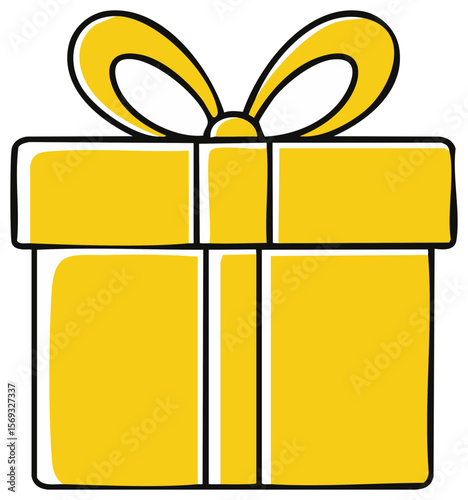 Stylized golden yellow gift box with white outline and ribbon, isolated on transparent background, cartoonish design and elegant look