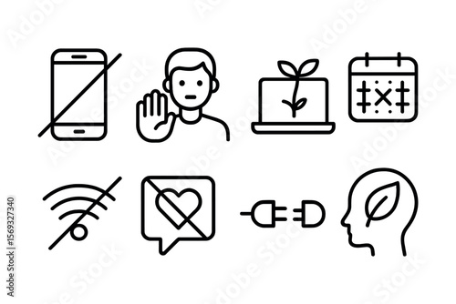 Minimalist icons representing digital detox and sustainable living concepts. Vector illustration in modern thin line style – stock vector