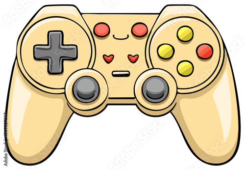Cute cartoon game controller with directional pad, action buttons and joyful expression, beige color scheme on a transparent background.