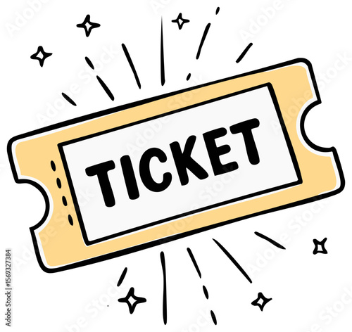 Cartoon illustration of a golden ticket on a black background with white sparkles, vector graphic resource