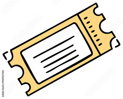 Hand-drawn retro style ticket in yellow. Isolated vector illustration of admission ticket for events and entertainment.