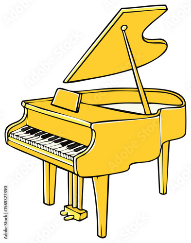 Stylized yellow grand piano illustration on transparent background, music instrument, piano keys, musical entertainment icon