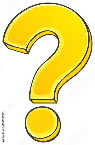 Illustration of a yellow cartoon question mark with black outline, suggesting uncertainty or inquiry, symbol for quiz and puzzles