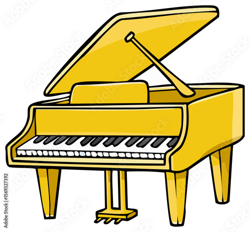 Cartoon grand piano with open lid in gold color with black and white keys on an isolated transparent background.