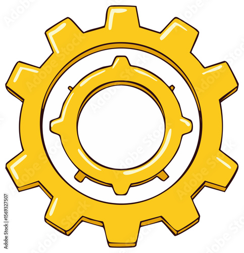 Stylized golden gear with smaller internal cog and white fill, outlined in brown on transparent backdrop, cartoon icon of mechanics and machinery